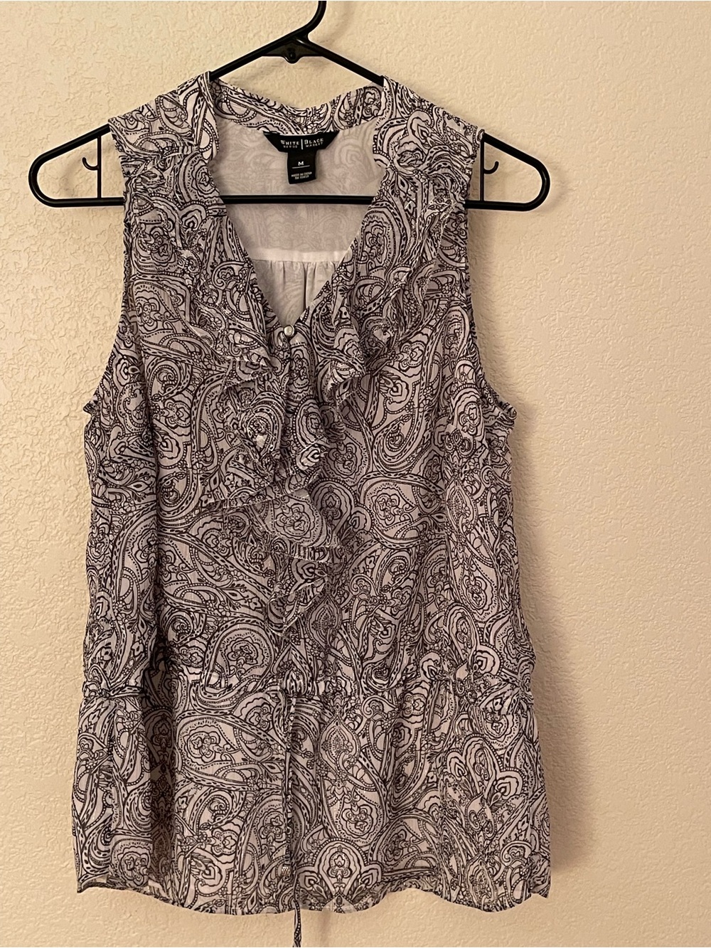 White House Black Market Black and White Paisley Sleeveless Ruffle Camisole